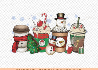 Christmas coffee PNG, peppermint iced latte snowmen sweets snow warm cozy winter women Sublimation design hand drawn Printable file Tshirt