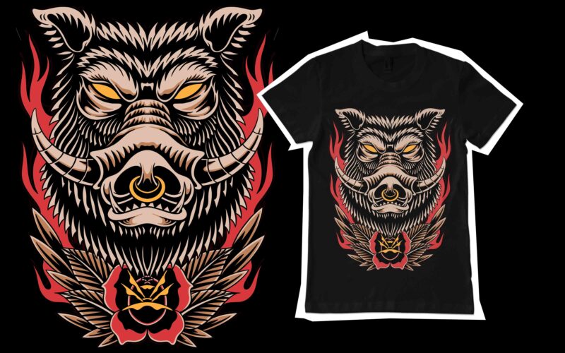 Traditional pig illustration for t-shirt design