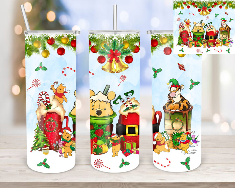 Christmas Pooh 20oz Tumbler Design, Christmas Coffee Latte Tumbler, Christmas Gifts, Christmas Bell, Christmas Flower, Christmas Decoration, Christmas Tree, Pooh, Coffee Tumbler T633