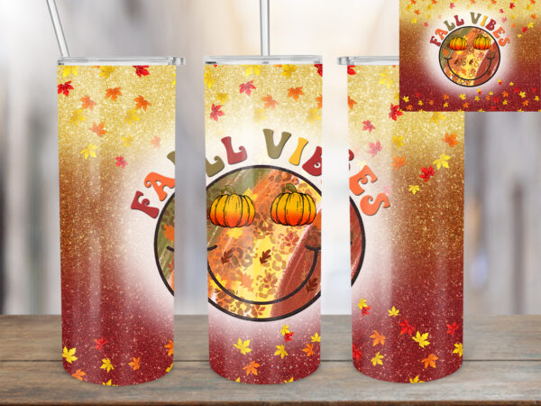 Fall vibes smile face 20oz tumbler design, fall, autumn leaf, pumpkin tumbler, smiley tumbler, halloween, orange color tumbler design t634