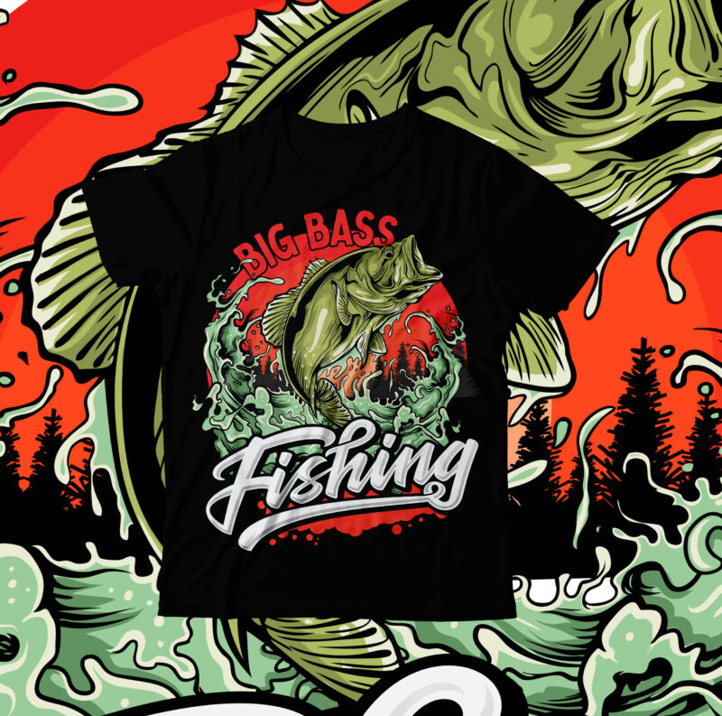 Big Bass Fishing T-Shirt Design On Sale , Big Bass Fishing T-Shirt