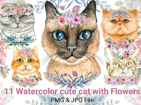 Watercolor cute cat with flowers bundle png t shirt design for sale
