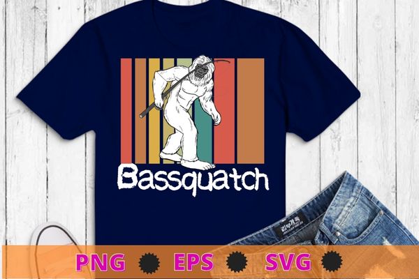 Bassquatch! Funny Bigfoot Fishing Outdoor Retro T-Shirt design svg, Fishing, Bigfoot shirt png, Bassquatch, Sasquatch, Gorilla, mysterious animal