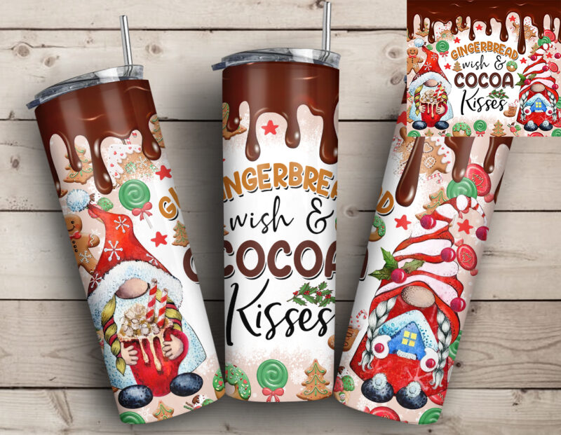 Gingerbread Wishes and Cocoa Kisses 20oz Tumbler, Christmas Gnomes Tumbler, Gnome, Cookie, Gingerbread, Coffee Latte, Christmas Tumbler T644