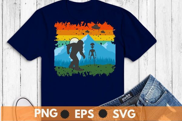 Alien And Bigfoot Moon Sasquatch, Yeti T-Shirt vector design svg, Mythical creature, Himalayan, mountain, vintage,