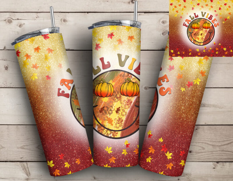 Fall Vibes Smile Face 20oz Tumbler Design, Fall, Autumn Leaf, Pumpkin Tumbler, Smiley Tumbler, Halloween, Orange Color Tumbler Design T634