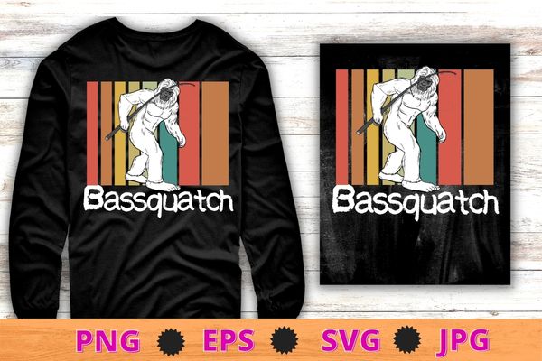 Bassquatch! funny bigfoot fishing outdoor retro t-shirt design svg, fishing, bigfoot shirt png, bassquatch, sasquatch, gorilla, mysterious animal