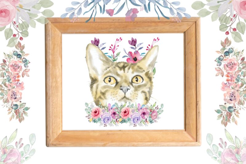 Watercolor cute cat with Flowers Bundle PNG