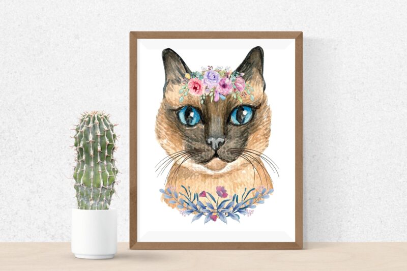 Watercolor cute cat with Flowers Bundle PNG