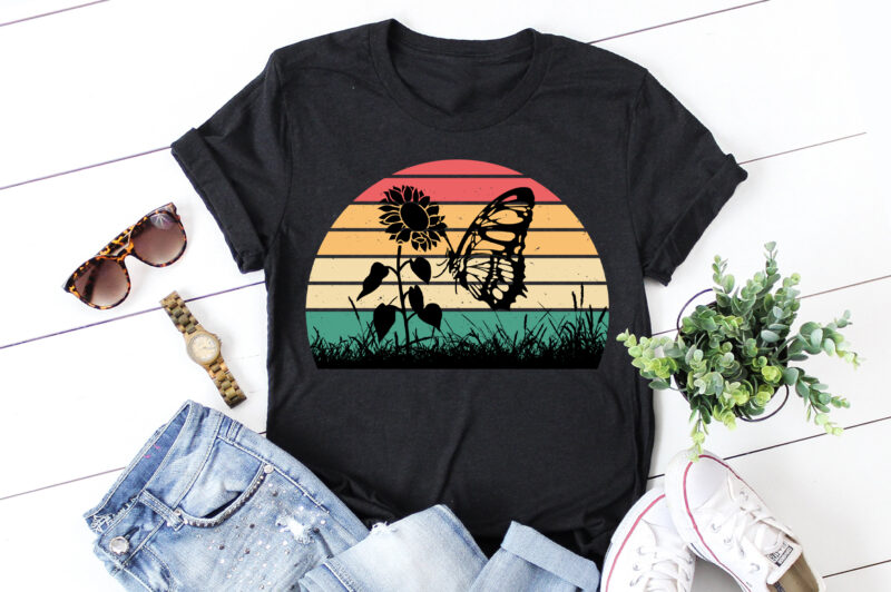 Butterfly Sunset Retro Vintage T-Shirt Graphic