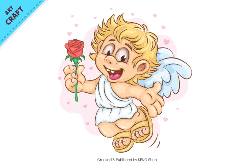 Cartoon Cupid with Rose. Clipart