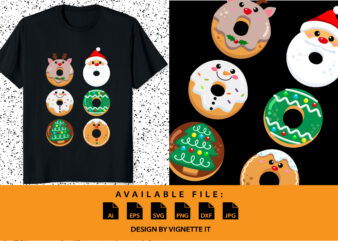 My six-pack Funny Christmas donut shirt print template Santa Claus snowman Xmas tree vector illustration art