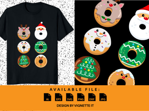 My six-pack funny christmas donut shirt print template santa claus snowman xmas tree vector illustration art