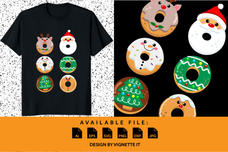 My six-pack Funny Christmas donut shirt print template Santa Claus snowman Xmas tree vector illustration art