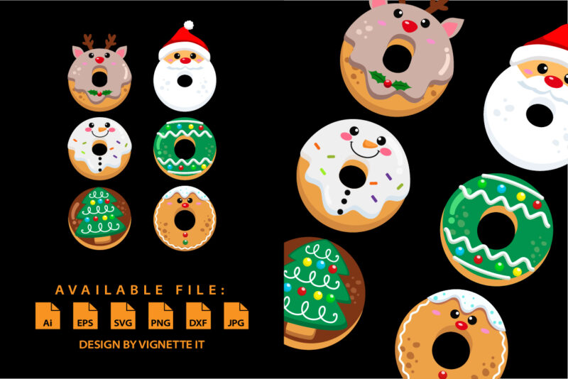 My six-pack Funny Christmas donut shirt print template Santa Claus snowman Xmas tree vector illustration art