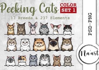 Peeking Cats, 17 Breeds & 237 Elements, Color Set 1 t shirt illustration