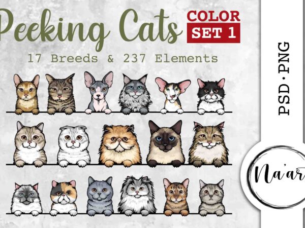 Peeking cats, 17 breeds & 237 elements, color set 1 t shirt illustration