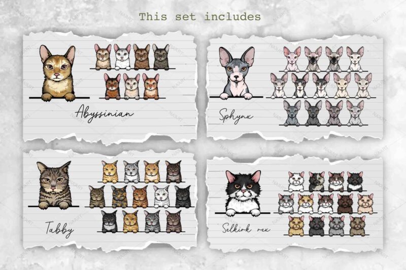 Peeking Cats, 17 Breeds & 237 Elements, Color Set 1