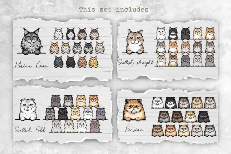 Peeking Cats, 17 Breeds & 237 Elements, Color Set 1