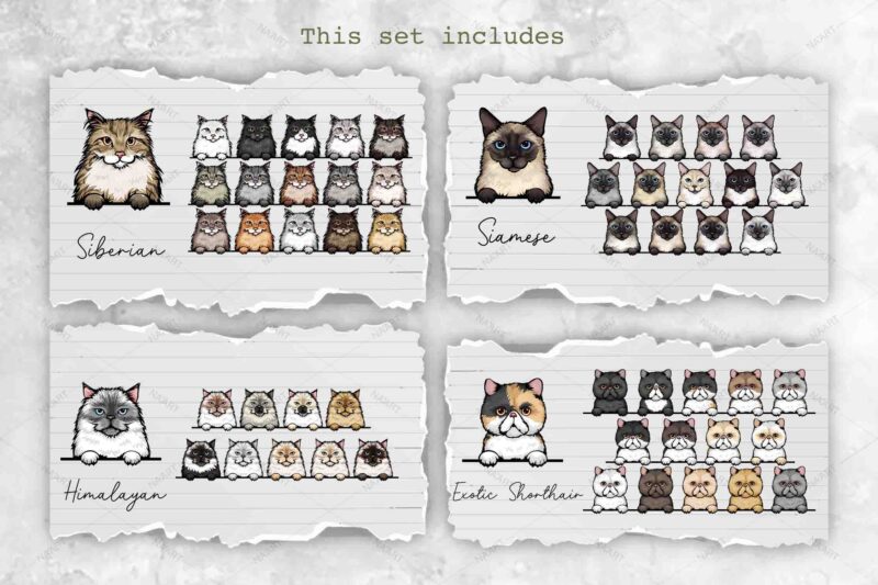 Peeking Cats, 17 Breeds & 237 Elements, Color Set 1