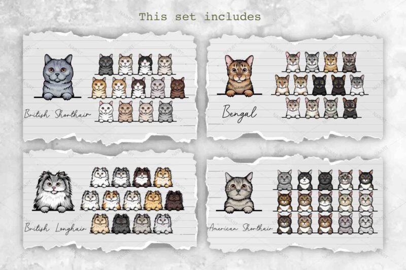 Peeking Cats, 17 Breeds & 237 Elements, Color Set 1