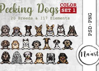 Peeking Dogs, 20 Breeds & 117 Elements, PSD-PNG, Color Set 1 t shirt illustration