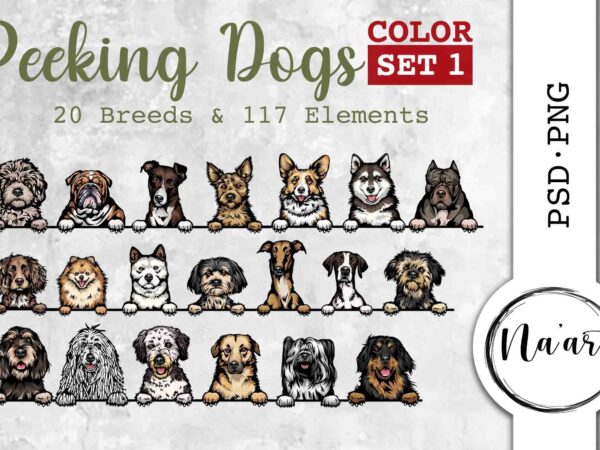 Peeking dogs, 20 breeds & 117 elements, psd-png, color set 1 t shirt illustration