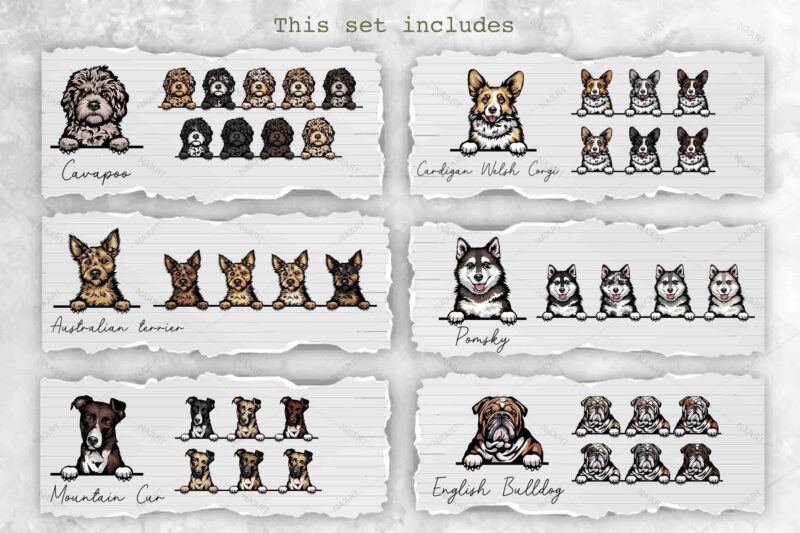 Peeking Dogs, 20 Breeds & 117 Elements, PSD-PNG, Color Set 1