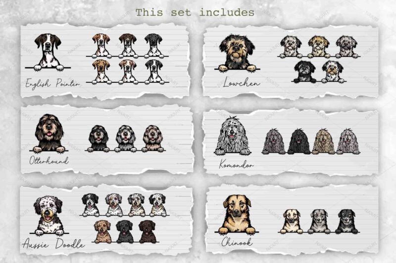 Peeking Dogs, 20 Breeds & 117 Elements, PSD-PNG, Color Set 1
