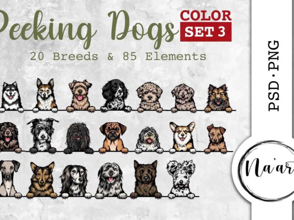Peeking dogs, 20 breeds & 85 elements, psd-png, color set 3 t shirt illustration