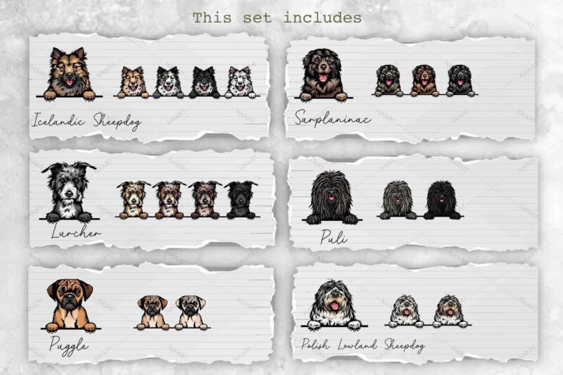 Peeking Dogs, 20 Breeds & 85 Elements, PSD-PNG, Color Set 3