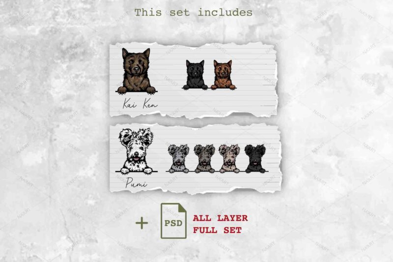 Peeking Dogs, 20 Breeds & 85 Elements, PSD-PNG, Color Set 3