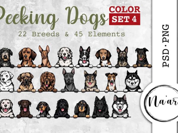 Peeking dogs, 22 breeds & 45 elements, psd-png, color set 4 t shirt illustration