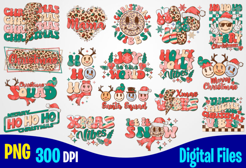 17 Christmas bundle, Lightning Bolt, Retro, Aesthetic, Leopard, Checkered, Smiley, Ho Ho Ho, Christmas sublimation t shirt design