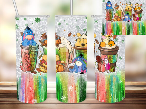 Coffee latte pooh 20oz tumbler design, coffee tumbler, cartoon characters tumbler design, pumpkin, christmas glitter coffee tumbler design t642