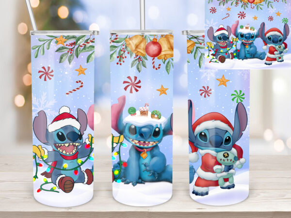 Christmas stitch 20oz tumbler design, stitch, cartoon character, stitches tumbler, christmas bell, christmas lights, christmas stitch lights t638