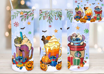 Christmas Stitch 20oz Tumbler Design, Cartoon Character, Stitches Tumbler, Christmas Bell, Christmas Coffee Latte Stitch Tumbler Design T639
