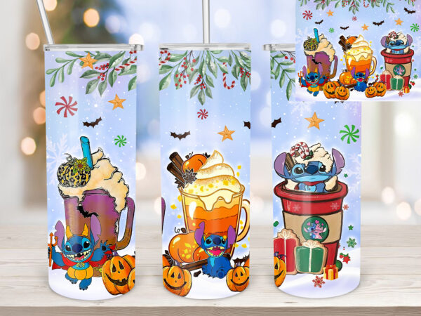 Christmas stitch 20oz tumbler design, cartoon character, stitches tumbler, christmas bell, christmas coffee latte stitch tumbler design t639