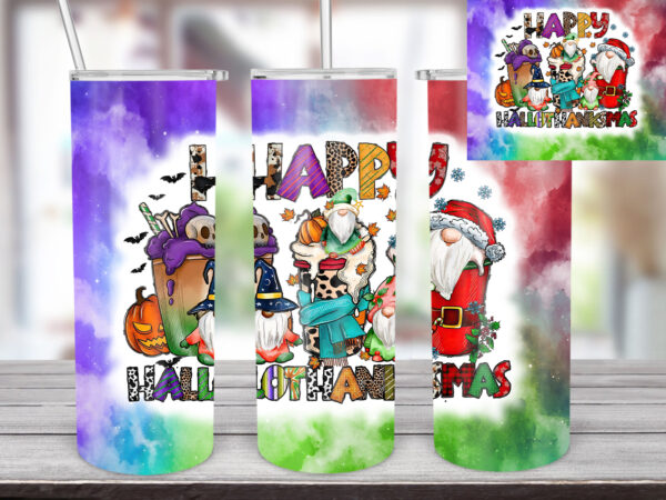 Happy hallothanksmas 20oz tumbler design, christmas, thanksgiving, halloween, gnome tumbler, coffee tumbler, pumpkin, bat, christmas hat t640
