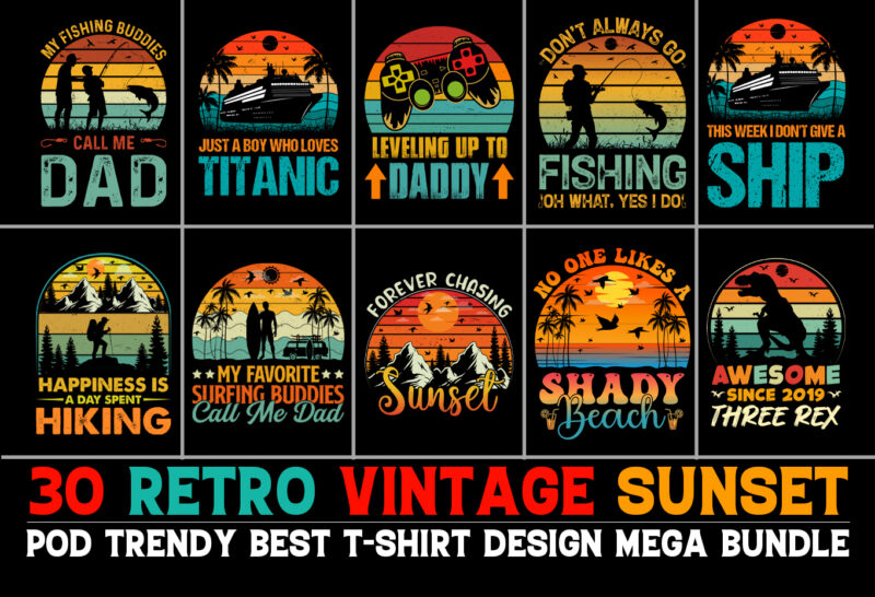 Retro Vintage Sunset T-Shirt Design Bundle