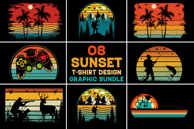 Retro Vintage Sunset T-Shirt Design Graphic Bundle