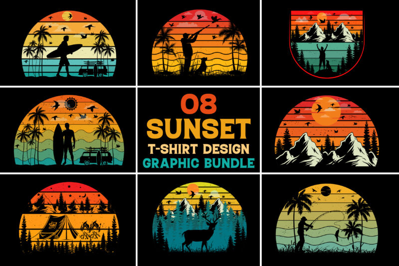 Retro Vintage Sunset T-Shirt Design Graphic Bundle