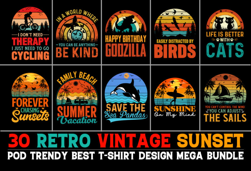 Sunset Retro Vintage T-Shirt Design Bundle