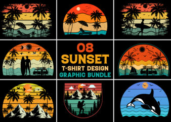 Sunset Retro Vintage T-Shirt Design Graphic Bundle