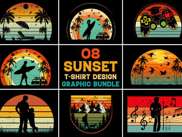Sunset retro vintage t-shirt design graphic bundle