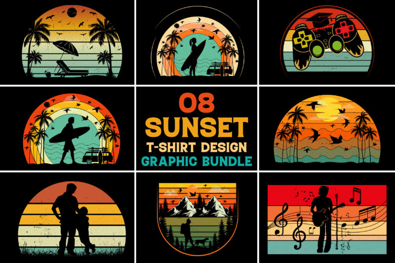 Sunset Retro Vintage T-Shirt Design Graphic Bundle