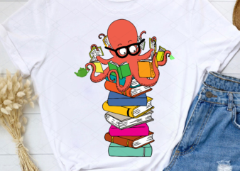 Tea Lover Octopus Png, Sea Animals Book Lover, Cool Animal, Book Club Gift, Back to School, Reading is Learning PNG File TC