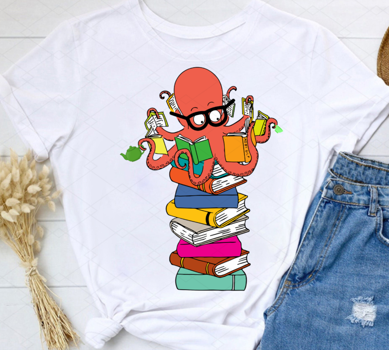 Tea Lover Octopus Png, Sea Animals Book Lover, Cool Animal, Book Club Gift, Back to School, Reading is Learning PNG File TC