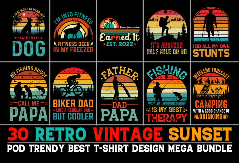 Vintage Retro Sunset T-Shirt Design Bundle,