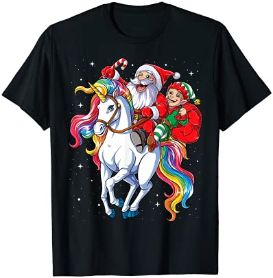 Christmas santa elf riding unicorn xmas girls women rainbow t shirt men